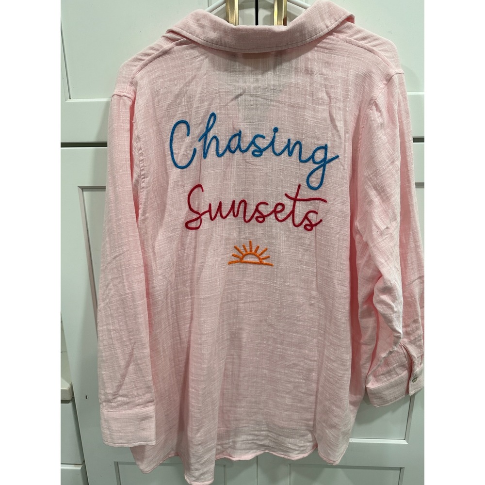 Surf Gypsy Pink Cotton Gauze Chasing Sunsets Embroidered Button Down Shirt S